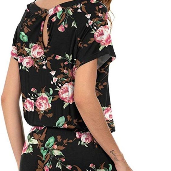 DouBCQ Womens Casual Short Sleeve Jumpsuits Elastic Waist Jumpsuit with Pockets - Picture 3 of 4